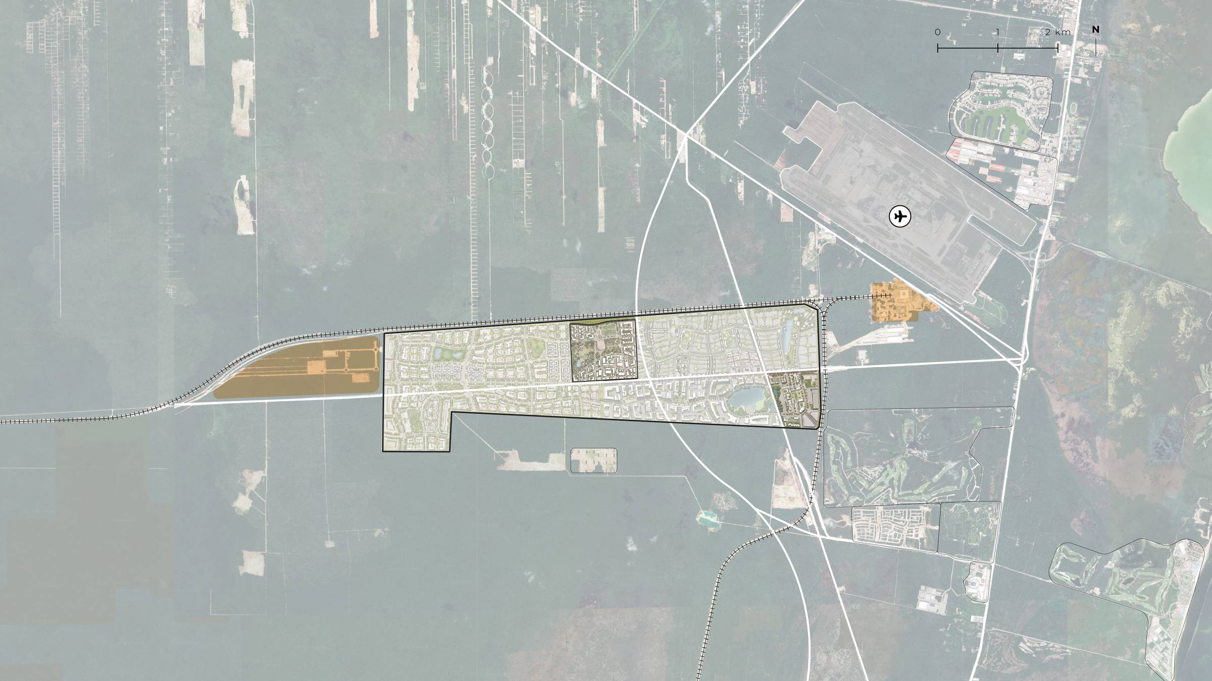 Site plan of the district over satellite imagery of the Cancún coast